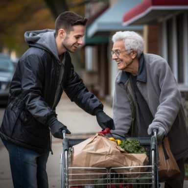 Jongeman helpt een oudere man met boodschappen in een winkelwagentje op straat.