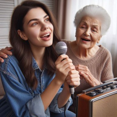 Jongere vrouw zingt met een microfoon, terwijl een oudere vrouw tevreden luistert.