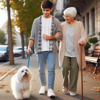 Jonge man wandelt met een oudere vrouw en een witte hond in een park.
