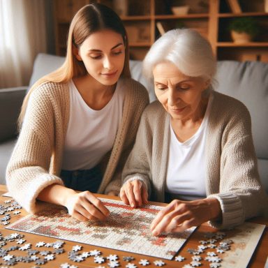 Twee vrouwen werken samen aan een puzzel aan een houten tafel.