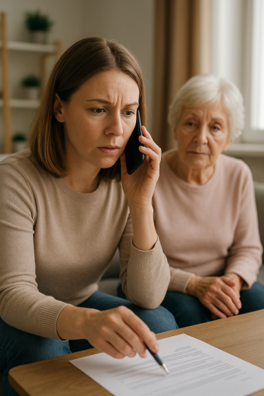 Een jonge vrouw spreekt bezorgd telefoon terwijl een oudere vrouw meekijkt.