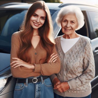 Twee vrouwen, een jonger en een ouder, lachend naast een auto.